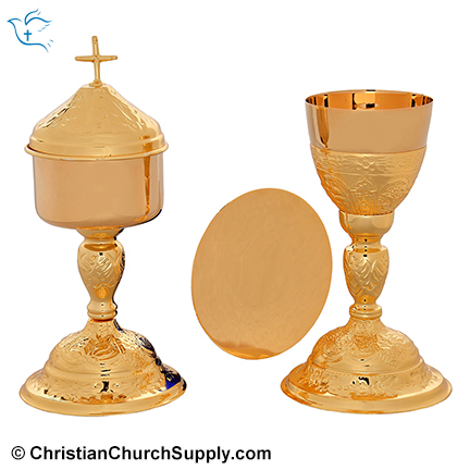 Brass Cross Carved Chalice Paten and Ciborium Set