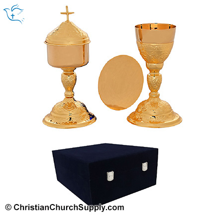 Brass Cross Carved Chalice Paten and Ciborium Set with Velvet Box