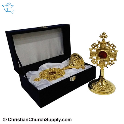 Brass Reliquary Ostensorium for Catholic Church with Blue Velvet Box