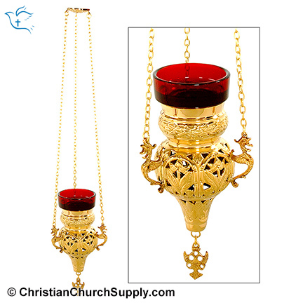 Brass Sanctuary Lamp with Red Glass