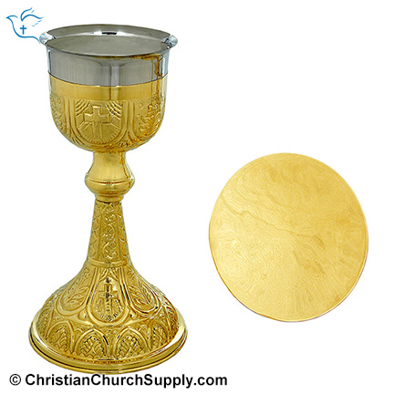Cross Carved Chalice and Paten Set