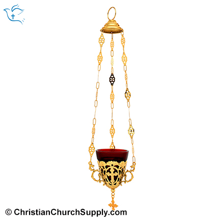 Cross Carved Sanctuary Lamp with Red Glass T Light