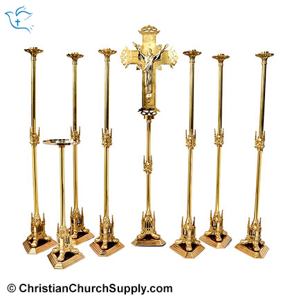 Large Gothic Candlesticks and Crucifix Set