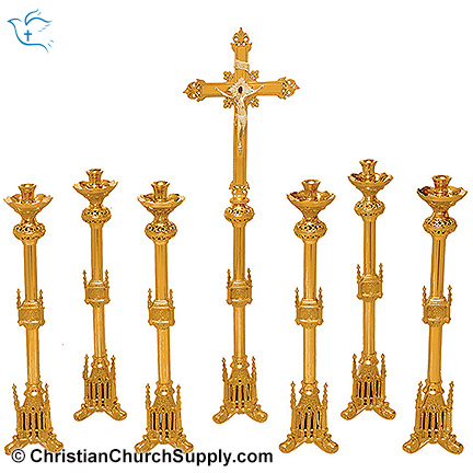 Large Gothic Candlesticks and Crucifix Set of 7 Pcs