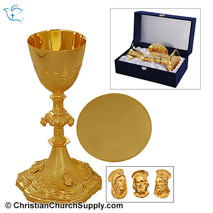 Solid Brass Chalice & Paten with Ornaments