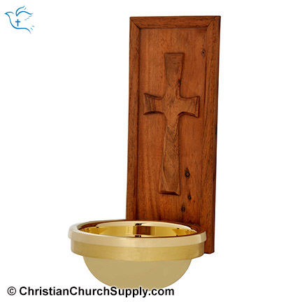 Wooden Carved Cross Font with Brass Bowl