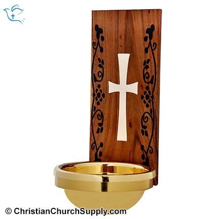 Wooden Font with Black Inlay Work Brass Bowl